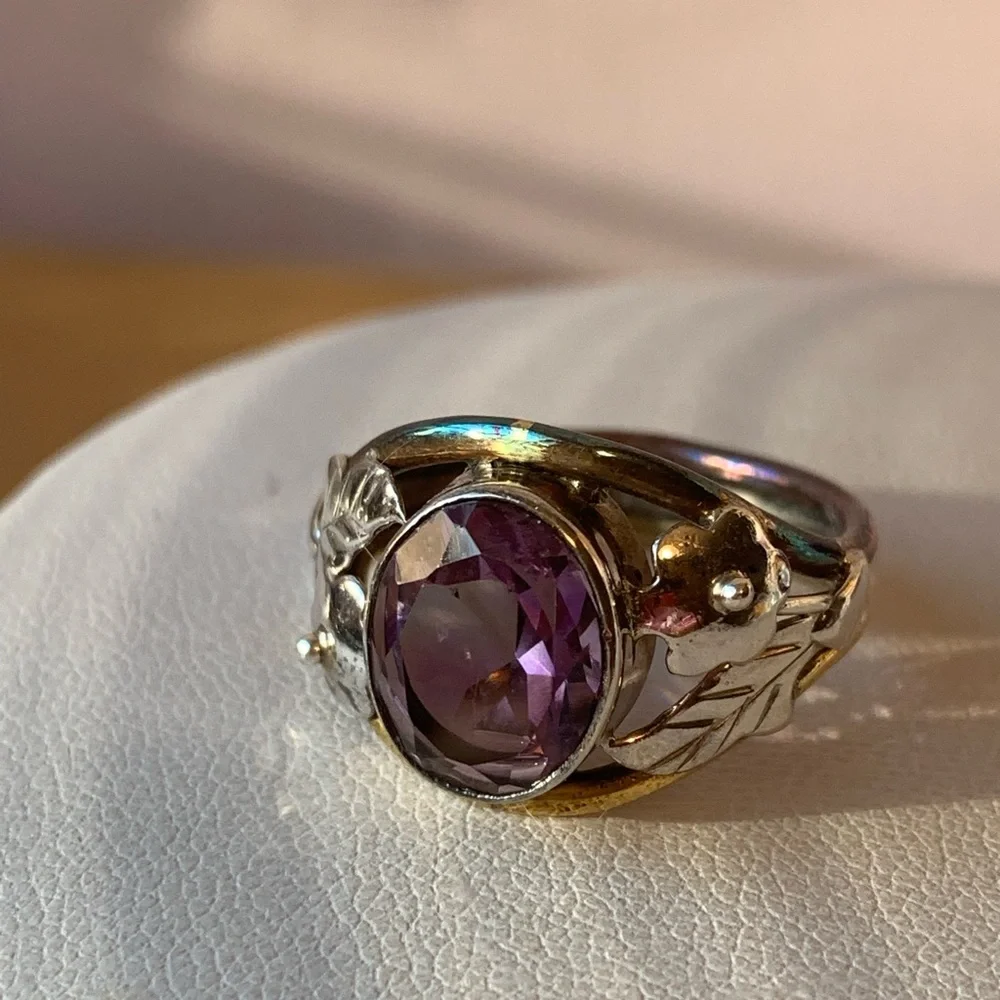 VINTAGE AMETHYST RING 925 STERLING SILVER TRI COLOR